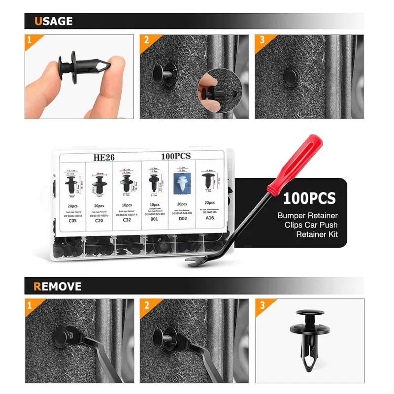 100 PCS Car Clip Retainer Auto Fasteners Push Trim Bumper Plastic Rivets Clips Kit